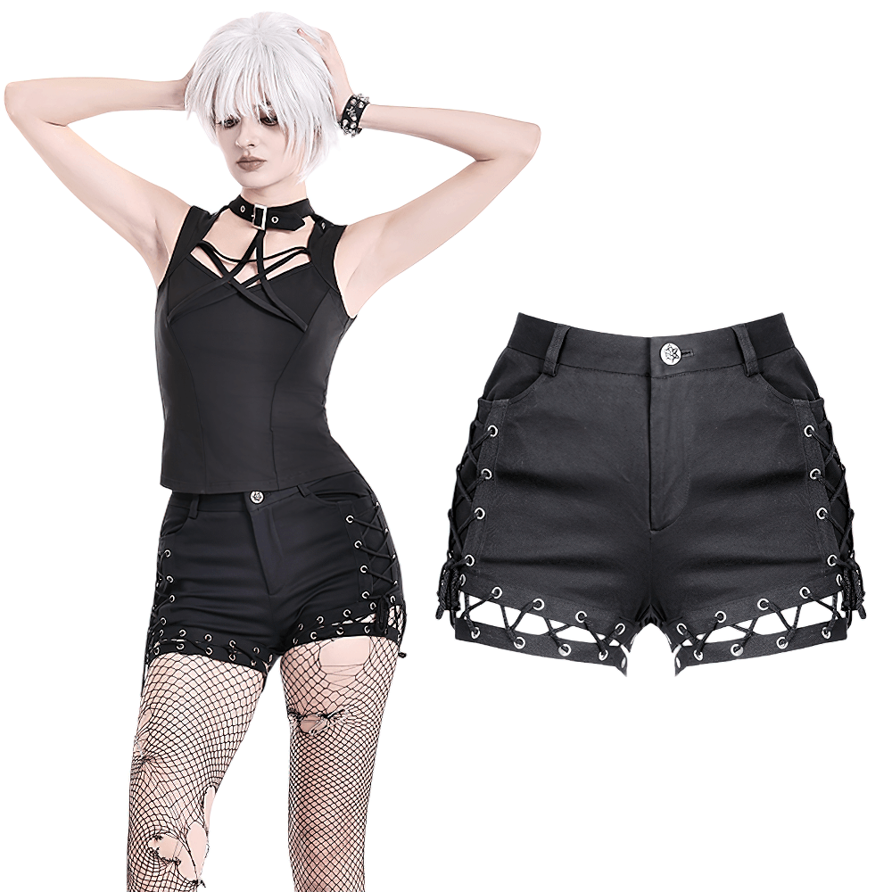 Short gothique pour femme avec empiècements en dentelle et poches zippées