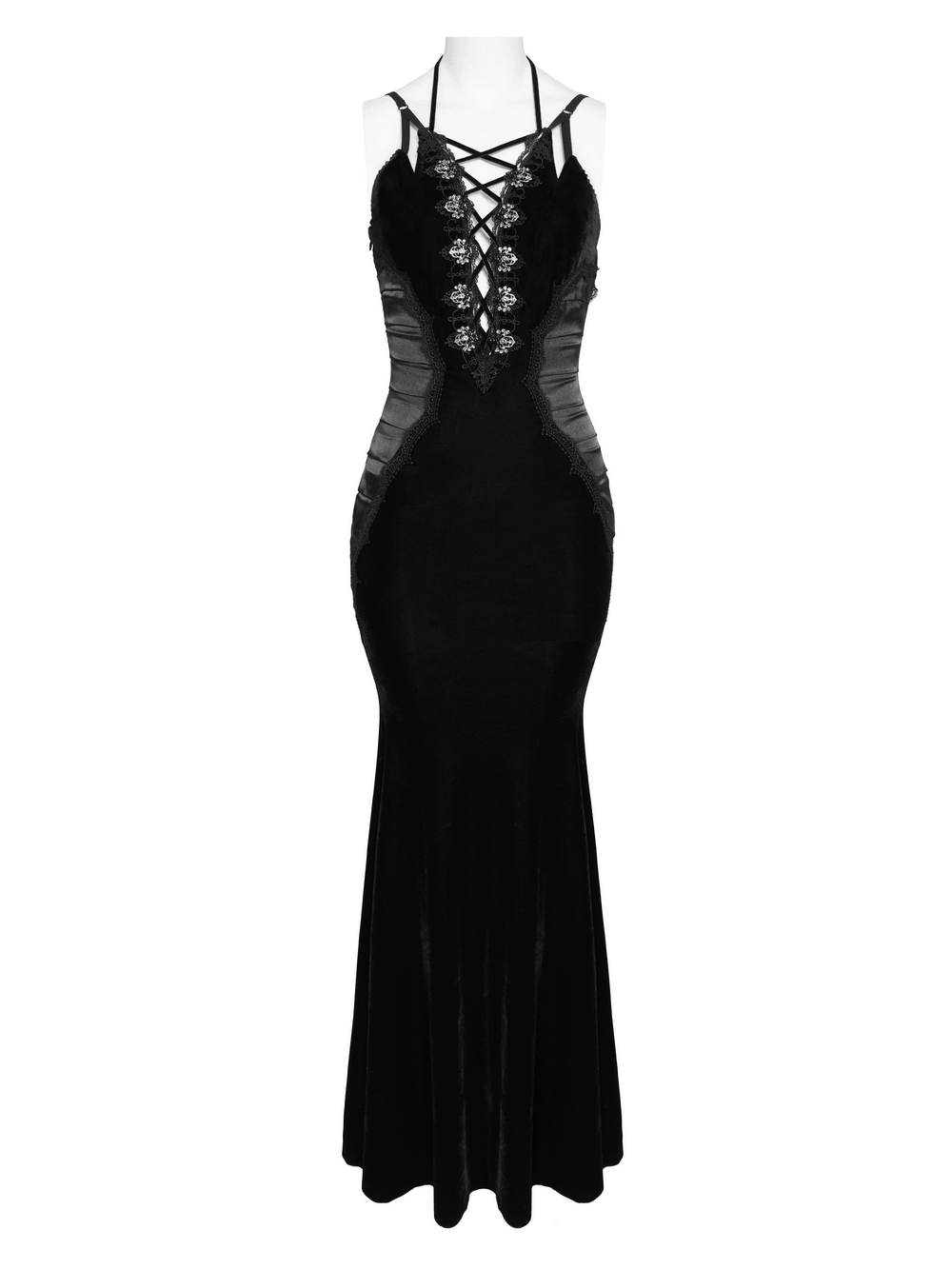 Women's Gothic Lace Up Mesh Mermaid Maxi Dress showcasing a black halter corset design with lace-up plunge neckline.