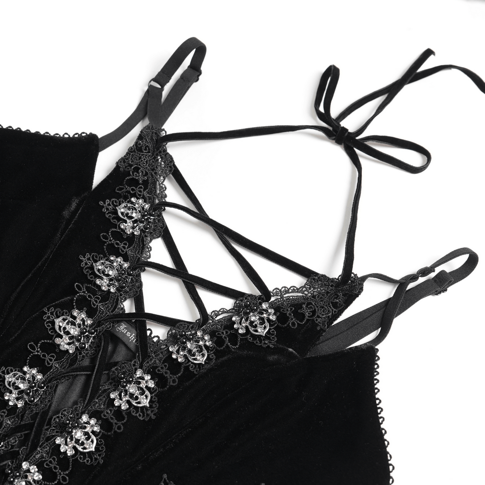 Detail of straps and lace on Women's Gothic Lace Up Mesh Mermaid Maxi Dress, highlighting elegant design features.