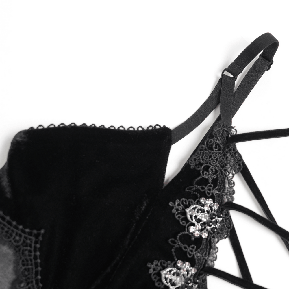 Detail of Women's Gothic Lace Up Mesh Mermaid Maxi Dress showcasing lace trim and straps for a dramatic look.