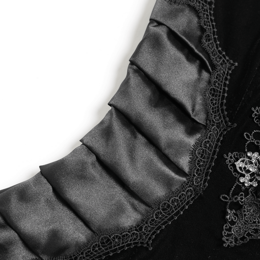 Close-up of the ruffled satin trim and floral lace detail on the Women's Gothic Lace Up Mesh Mermaid Maxi Dress.