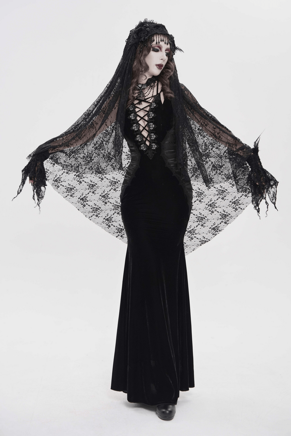 Women's Gothic Lace Up Mesh Mermaid Maxi Dress featuring black lace and a dramatic silhouette, perfect for evening events.