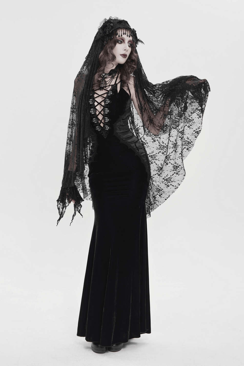 Women's Gothic Lace Up Mesh Mermaid Maxi Dress with lace details and veil, perfect for dramatic gothic styling.