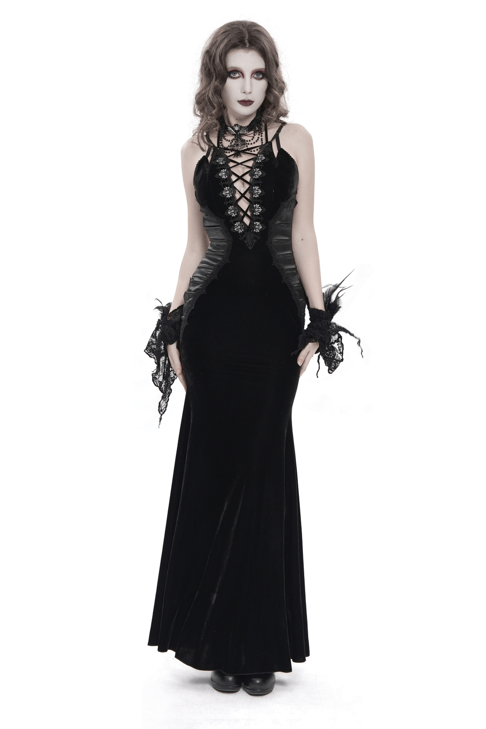 Women's Gothic Lace Up Mesh Mermaid Maxi Dress showcasing a stunning black silhouette with intricate lace-up details.