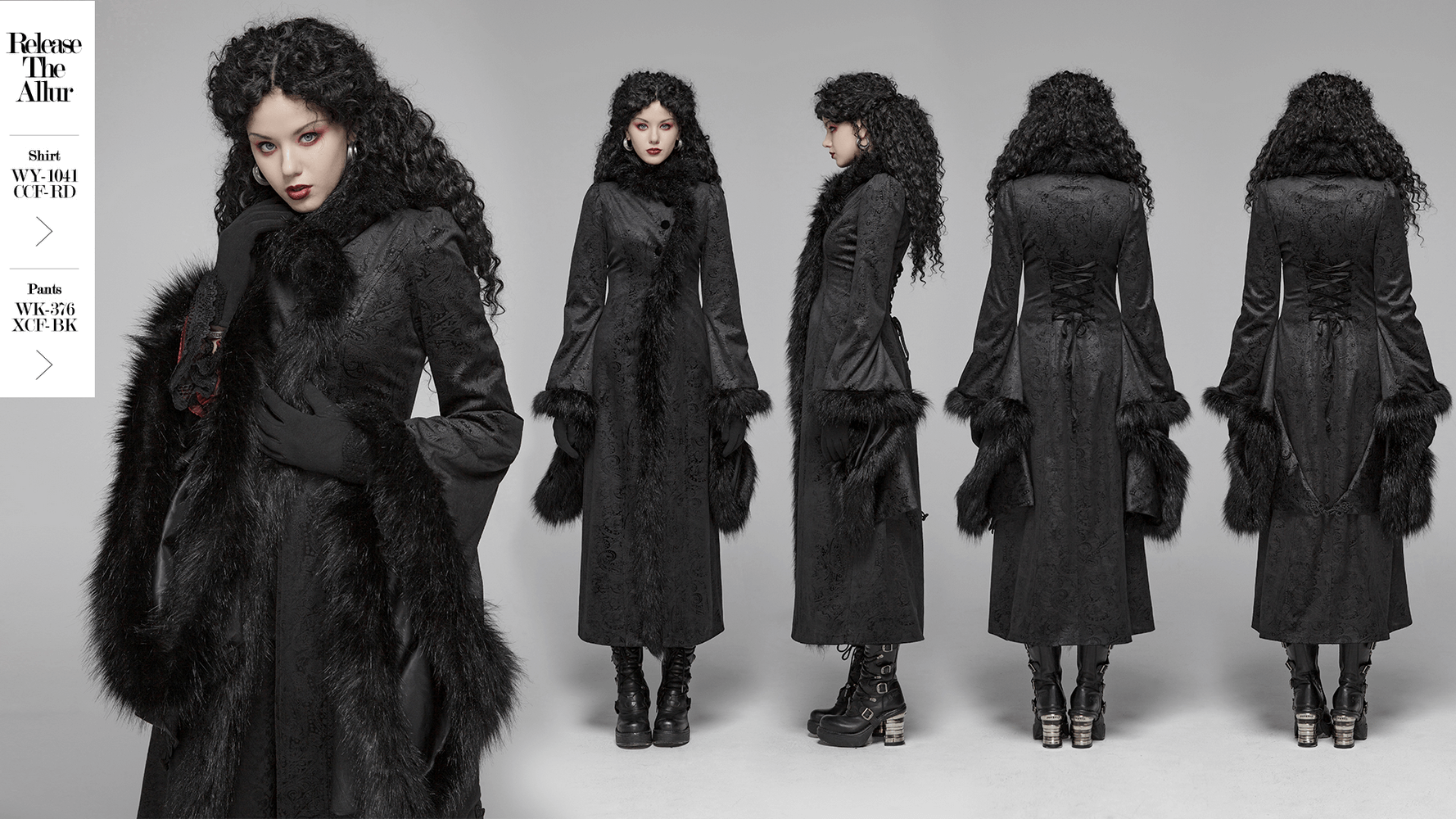 Women's Gothic long coat with faux fur details, flared sleeves, and lace-up back, showcased in a stylish photoshoot.