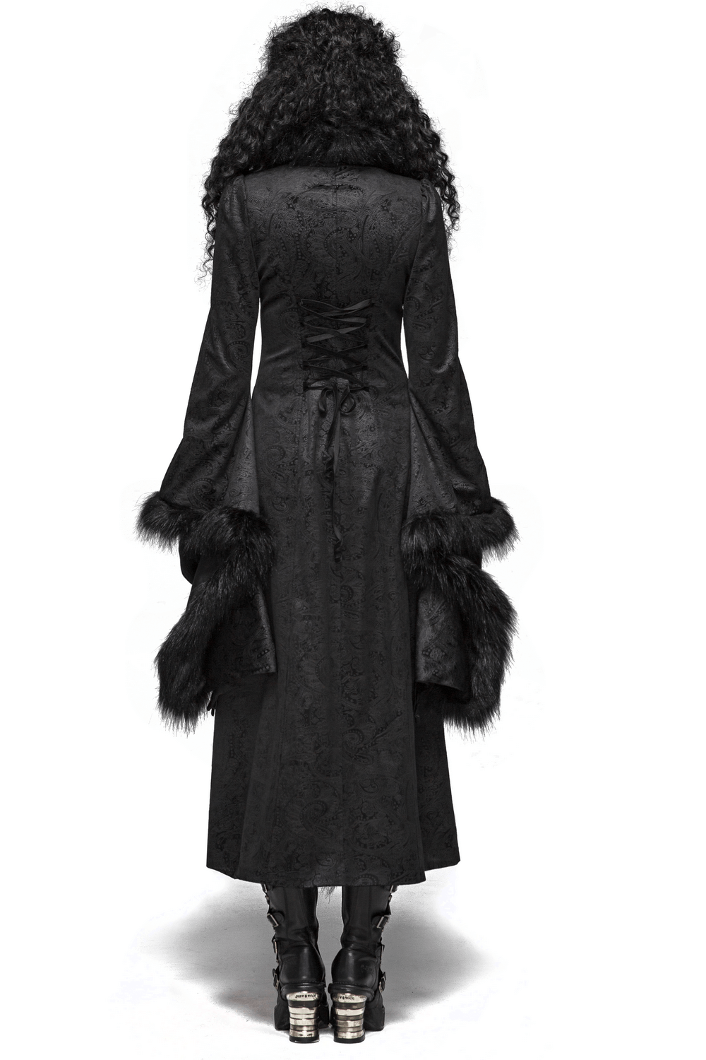 Back view of Women's Gothic Long Coat with faux fur details and lace-up design, showcasing flared sleeves and luxurious fabric.