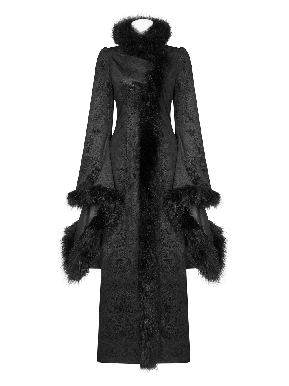 Women's Gothic long coat with faux fur details, flared sleeves, and lace-up back for elegant gothic style.