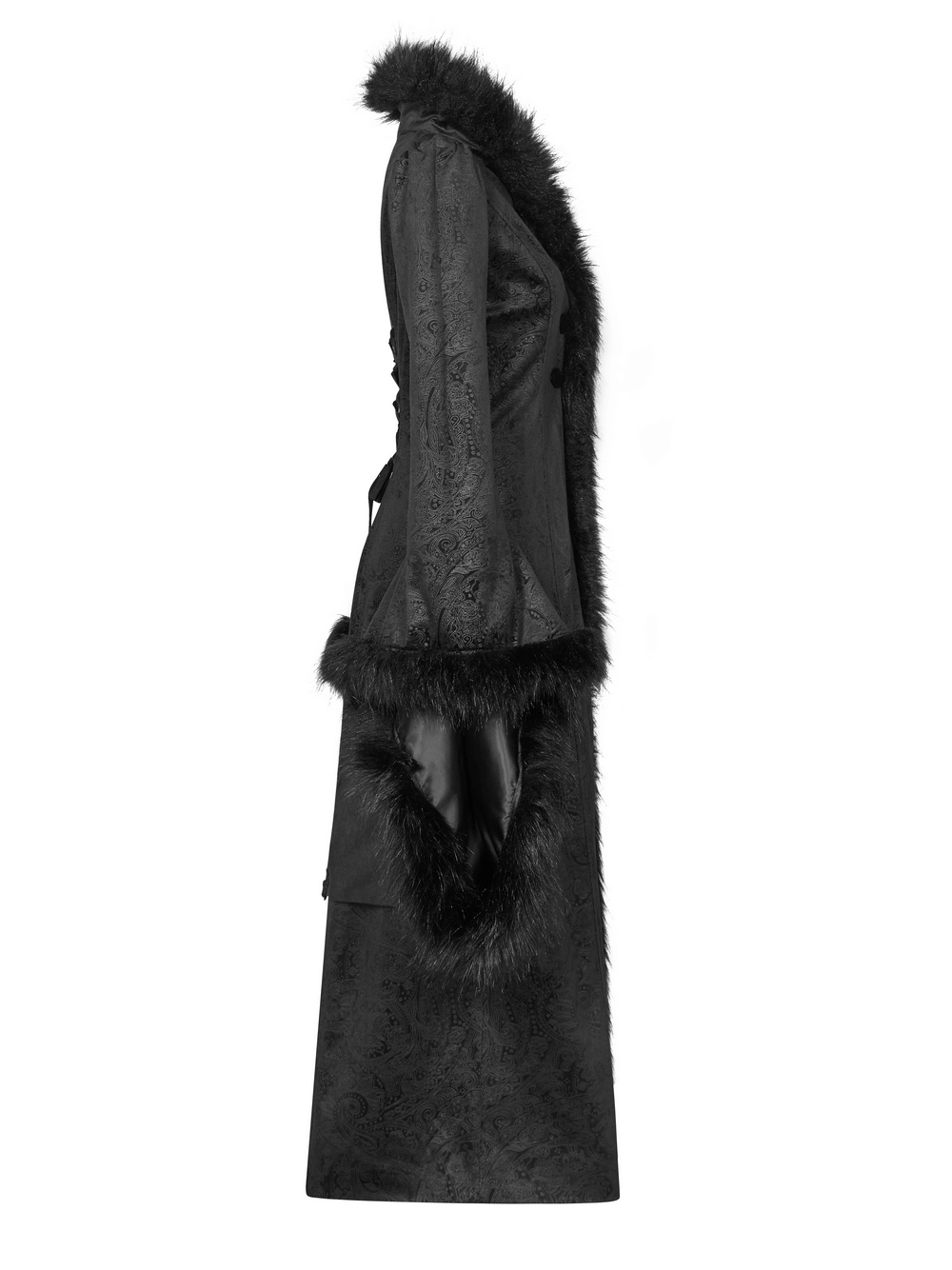 Elegant women's gothic long coat with faux fur details, flared sleeves, and lace-up back design.