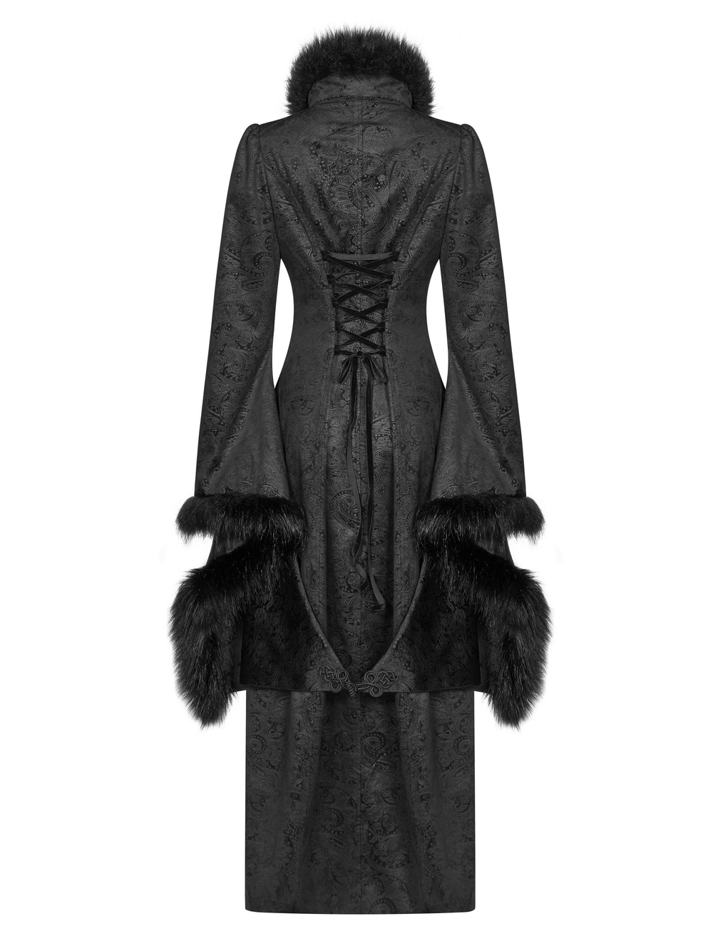 Women's gothic long coat with faux fur trims, lace-up back, and flared sleeves, perfect for dramatic elegance.