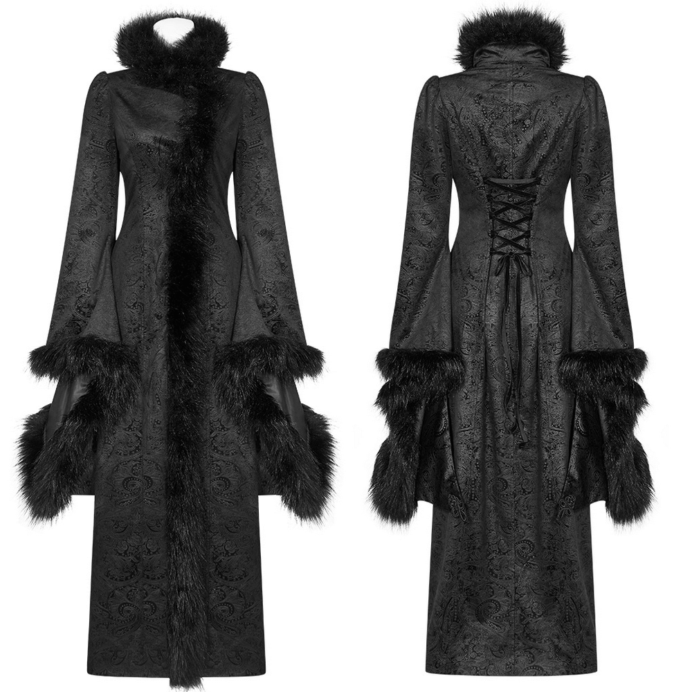 Elegant women's gothic long coat with faux fur details, flared sleeves, and lace-up back for a dramatic silhouette.