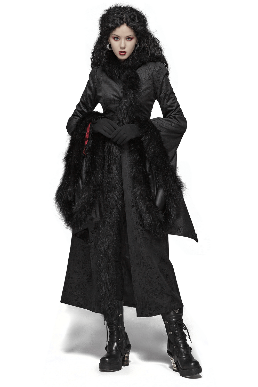 Elegant women's gothic long coat with faux fur, flared sleeves, and lace-up back, styled with dramatic black boots.