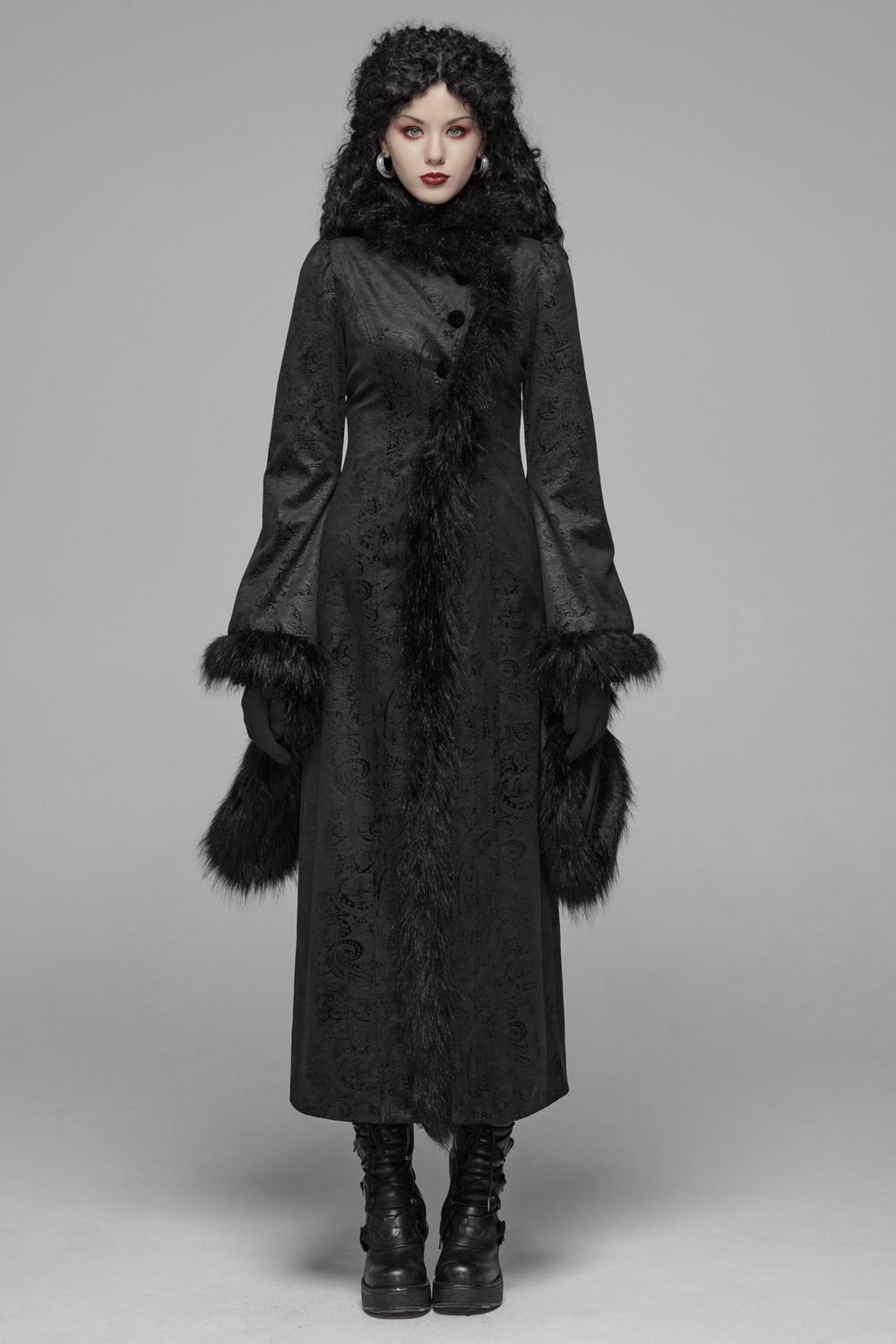 Elegant women's gothic long coat with faux fur details, flared sleeves, and lace-up back for a dramatic silhouette.