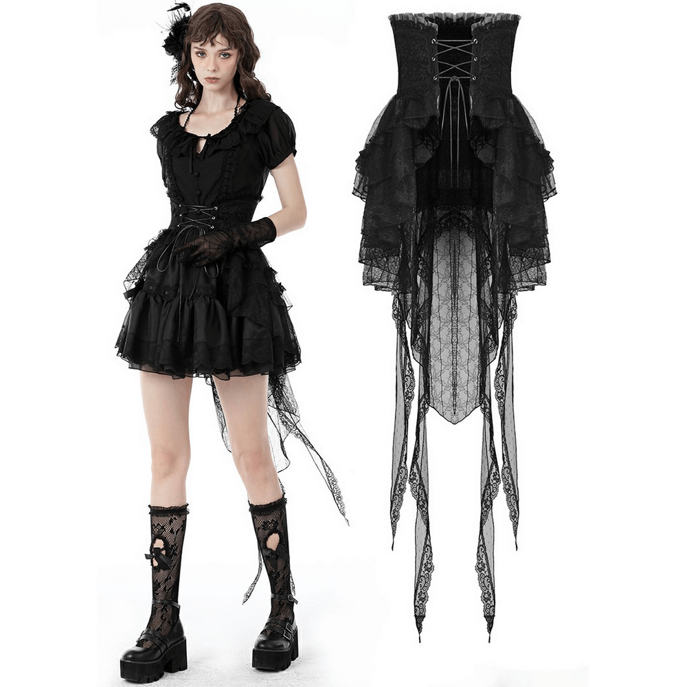 Women's Gothic black lace high-low skirt, featuring ruffled detail and edgy design for a daring, stylish look.