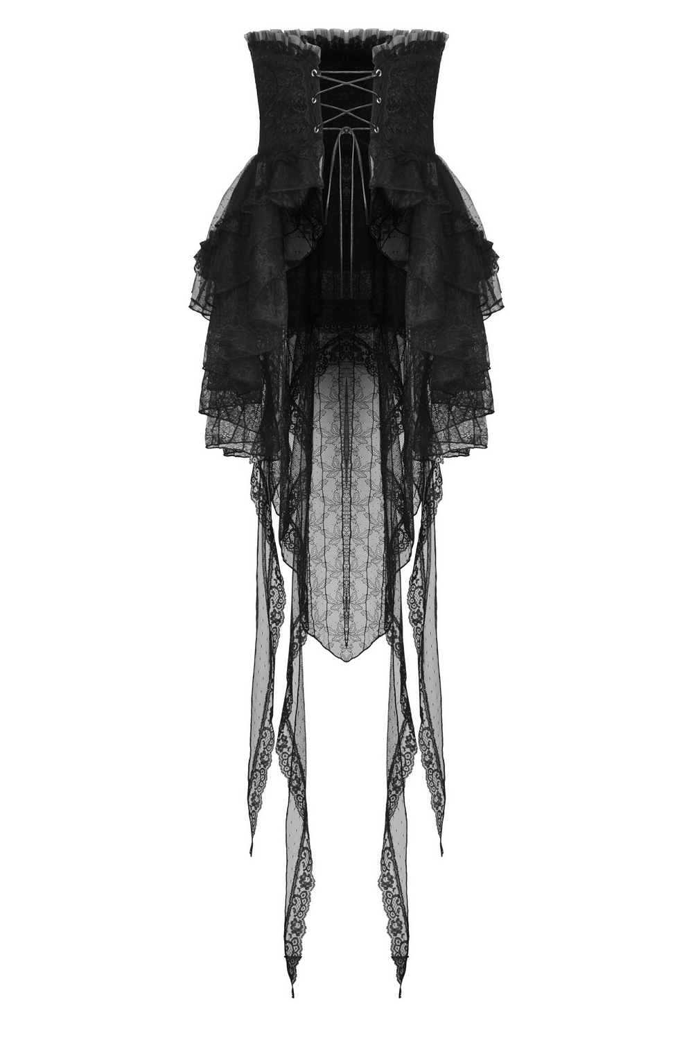 Black gothic lace high-low skirt with layers and lace-up detail for a dramatic look, perfect for edgy fashion lovers.