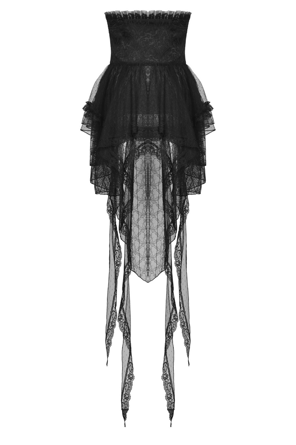 Women's Gothic Luxe Black Lace High-Low Skirt with Tail, edgy layers and statement buckle detail.