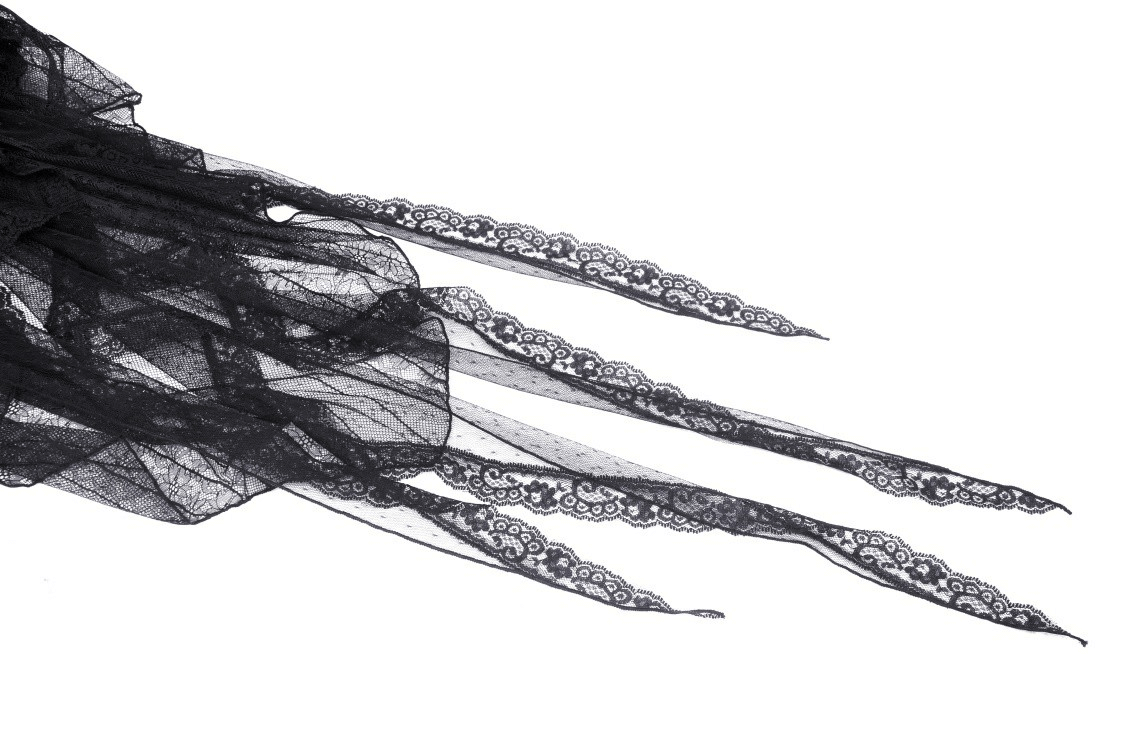 Delicate black lace fabric with intricate trim, perfect for a gothic high-low skirt.