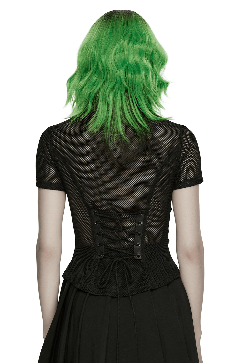 Alt Tag: Women's Gothic Mesh Faux Leather Shirt With Lace-Up Back, back view black mesh top with corset-style lace-up waist