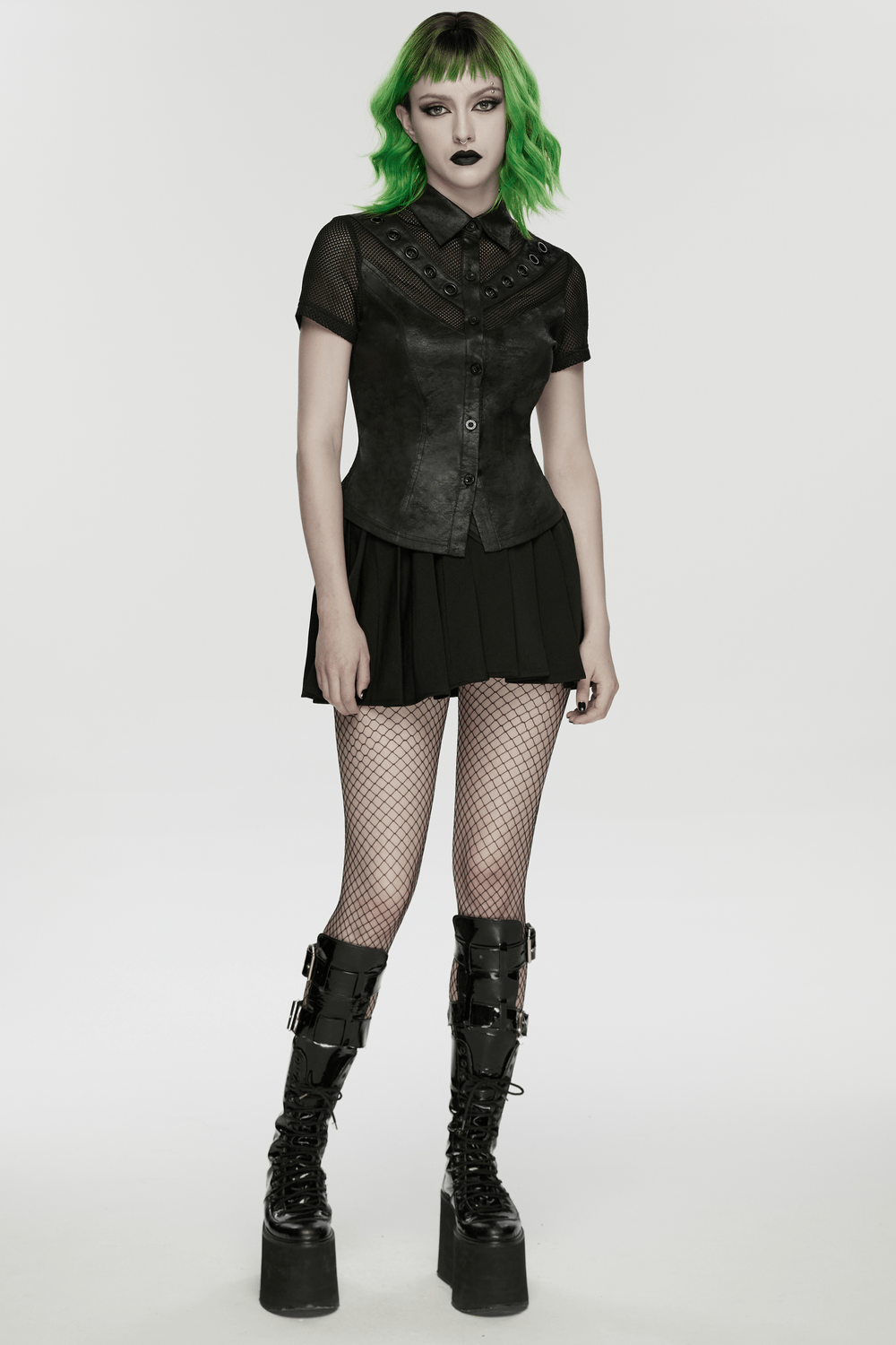 Alt Tag: Women's Gothic Mesh Faux Leather Shirt With Lace-Up Back on model, button-front short sleeve, punk mesh splicing, lace-up back fit