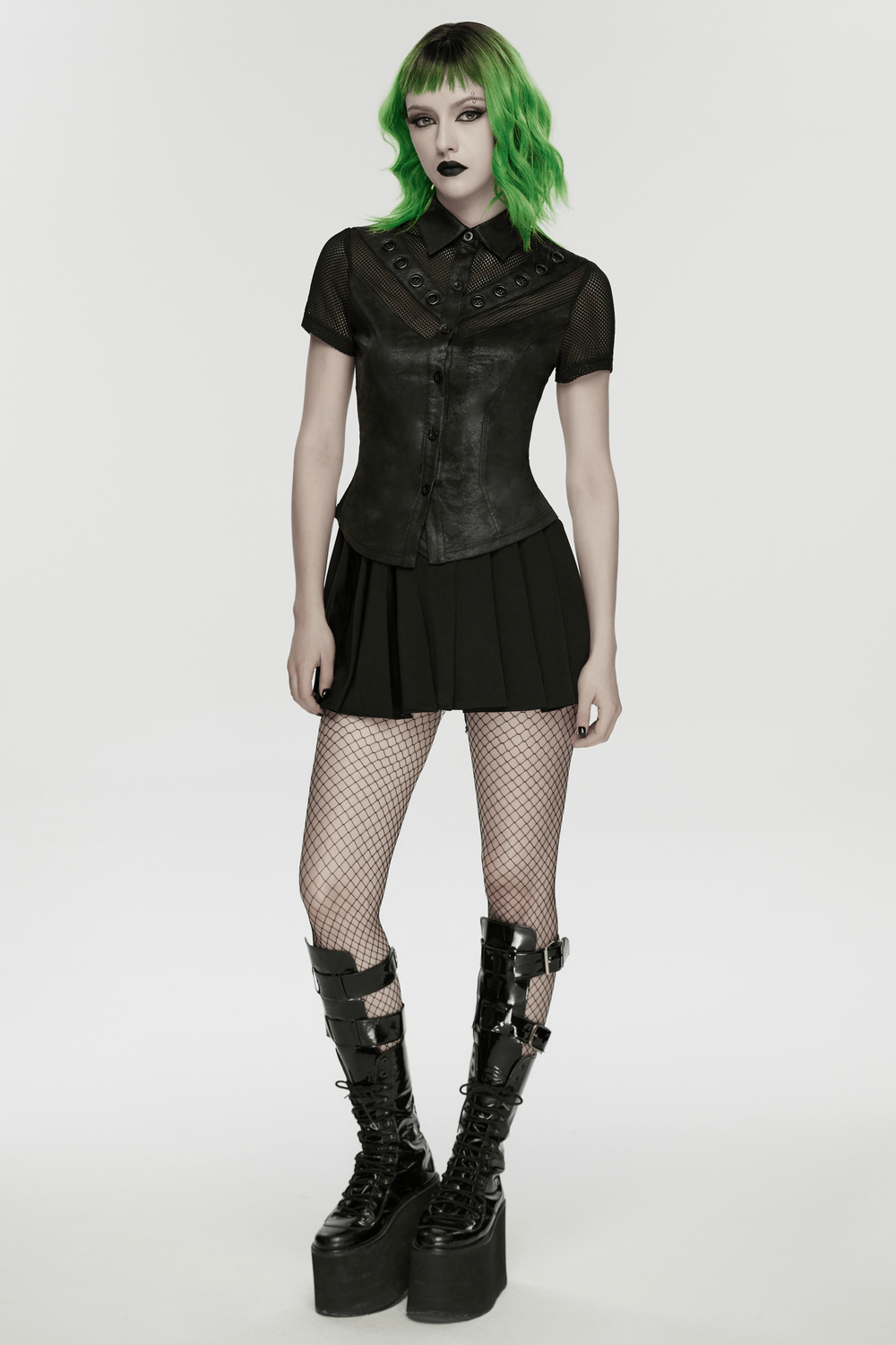 Alt Tag: Women's Gothic Mesh Faux Leather Shirt With Lace-Up Back button-front punk top with black eyelets and short sleeves
