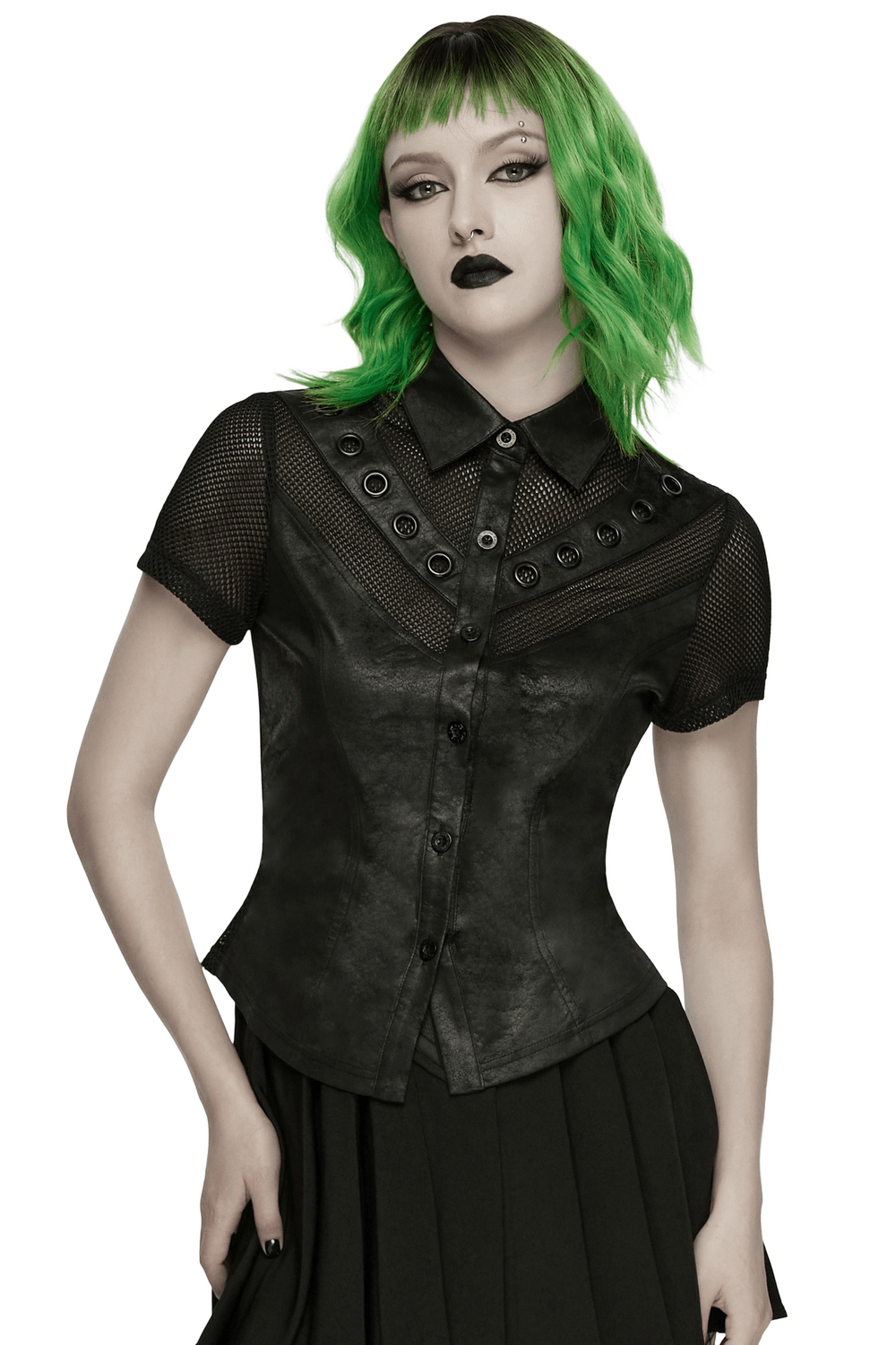 Alt Tag: Women's Gothic Mesh Faux Leather Shirt With Lace-Up Back on model, black cracked faux leather with mesh panels, button front, eyelets