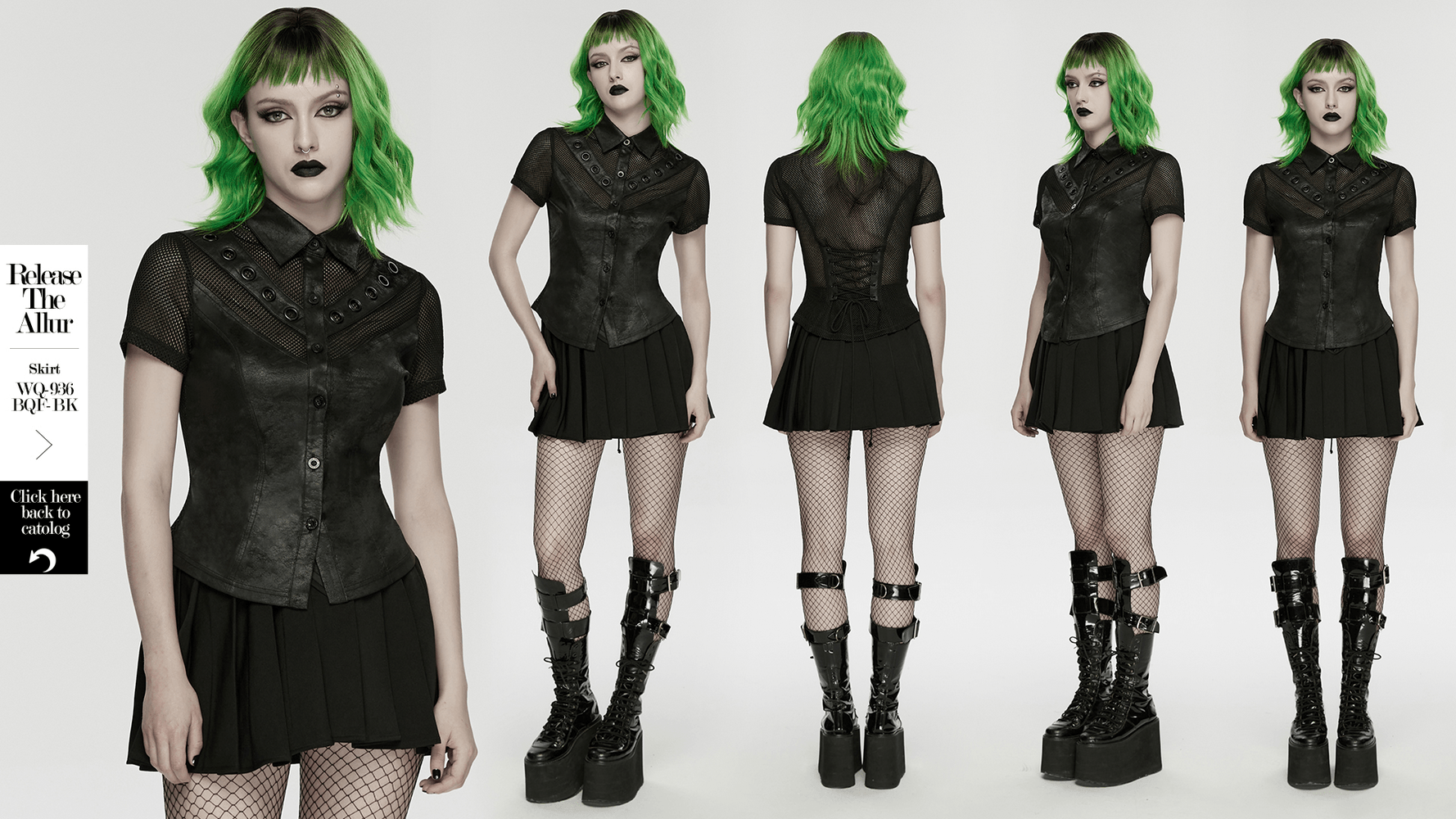 Women's Gothic Mesh Faux Leather Shirt With Lace-Up Back on model, button-front short sleeve black top with mesh panels and lace-up back