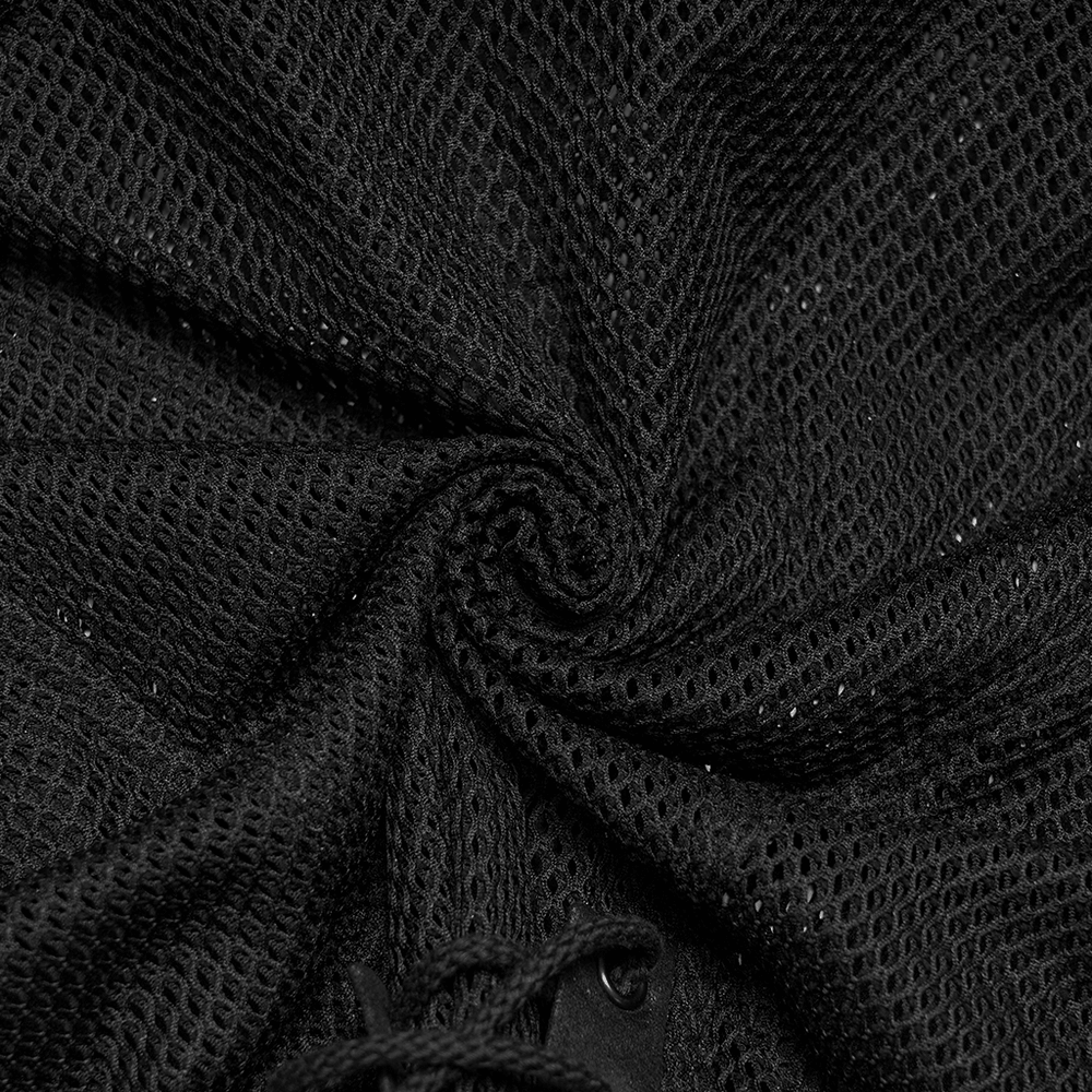 Alt Tag: Women's Gothic Mesh Faux Leather Shirt With Lace-Up Back close-up of black mesh fabric texture with lace-up detail