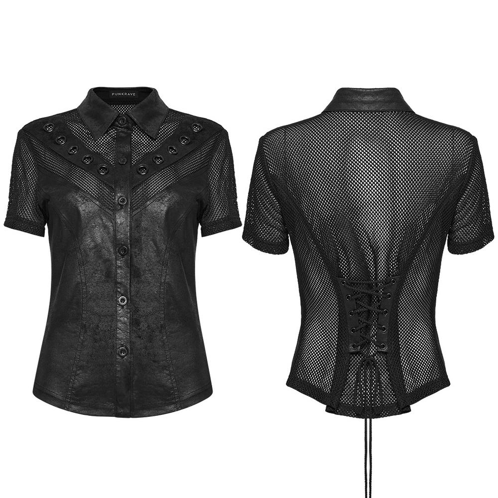 Alt Tag: Women's Gothic Mesh Faux Leather Shirt With Lace-Up Back, black punk top with button front, mesh panels, short sleeves, eyelets