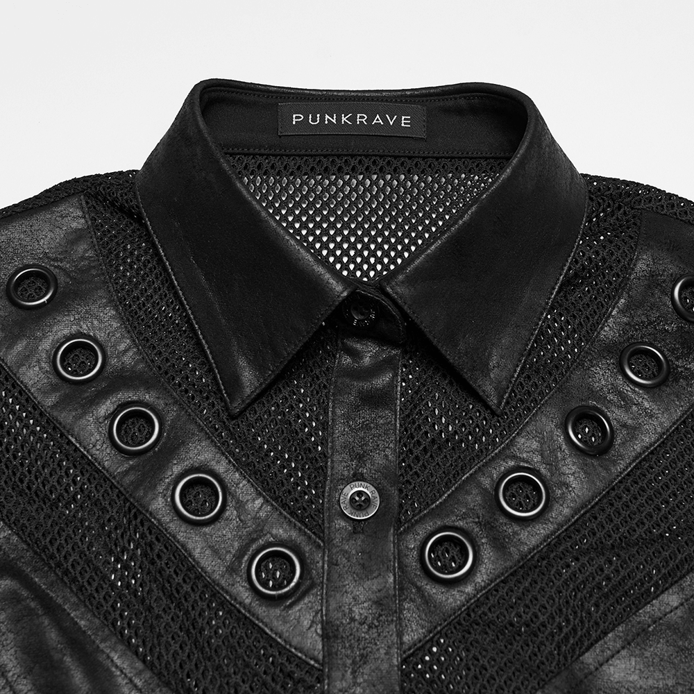 Alt Tag: Women's Gothic Mesh Faux Leather Shirt With Lace-Up Back close-up, black mesh splicing, faux leather collar, eyelet details