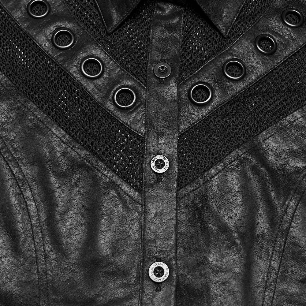 Alt Tag: Women's Gothic Mesh Faux Leather Shirt With Lace-Up Back close-up, cracked faux leather with mesh panels, button front and black eyelets