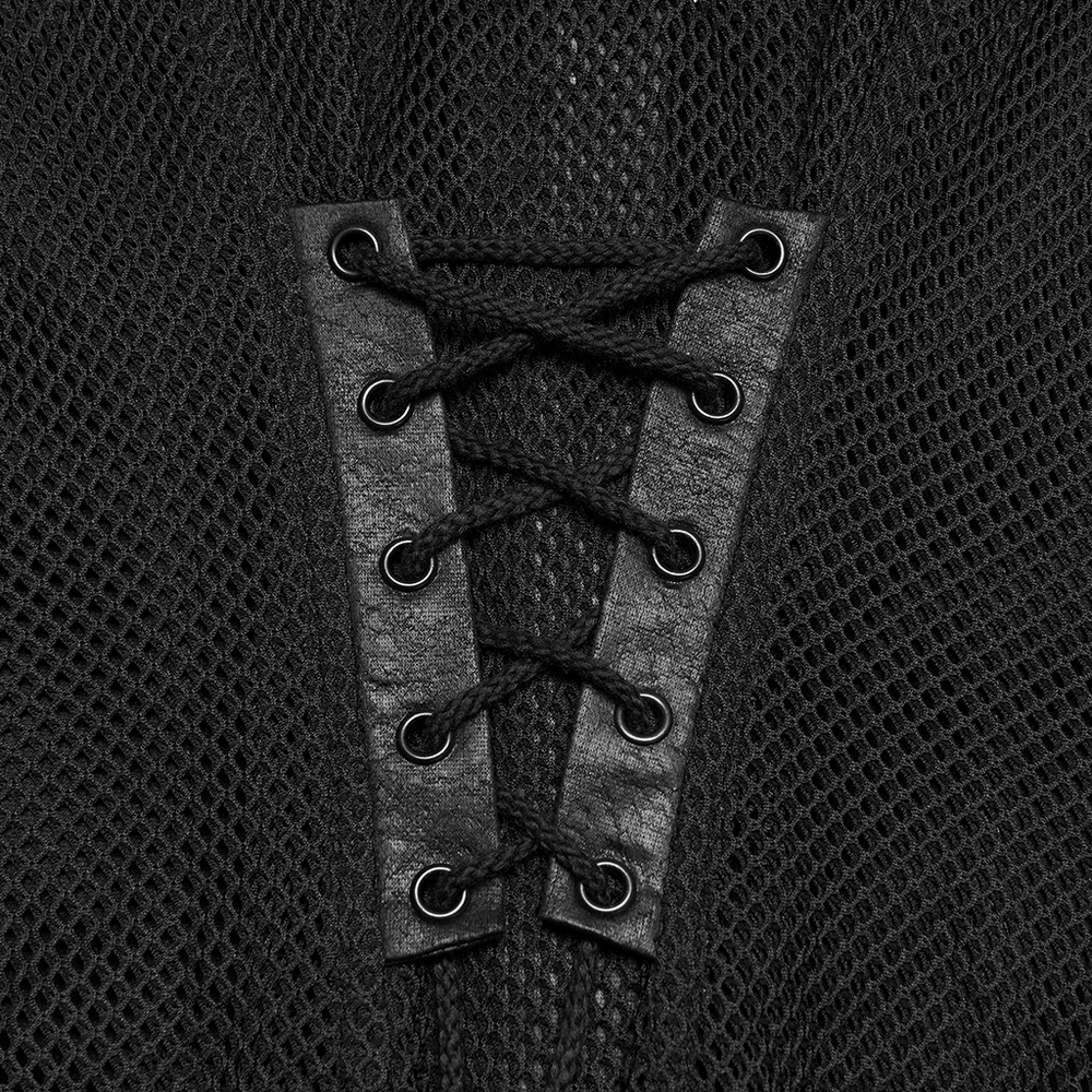 Alt Tag: Women's Gothic Mesh Faux Leather Shirt With Lace-Up Back close-up of black mesh and faux leather eyelet lace-up panel
