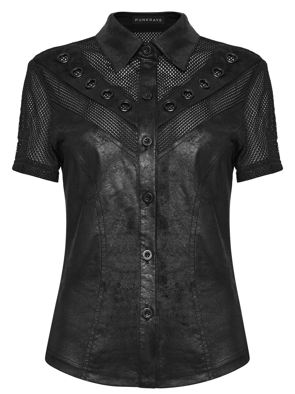 Alt Tag: Women's Gothic Mesh Faux Leather Shirt With Lace-Up Back black button-front top with mesh panels, eyelets, short sleeves