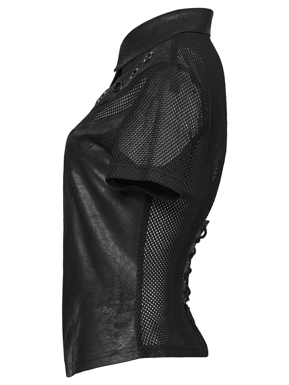 Alt Tag: Women's Gothic Mesh Faux Leather Shirt With Lace-Up Back side view, black mesh sleeves and faux leather body with eyelet detail
