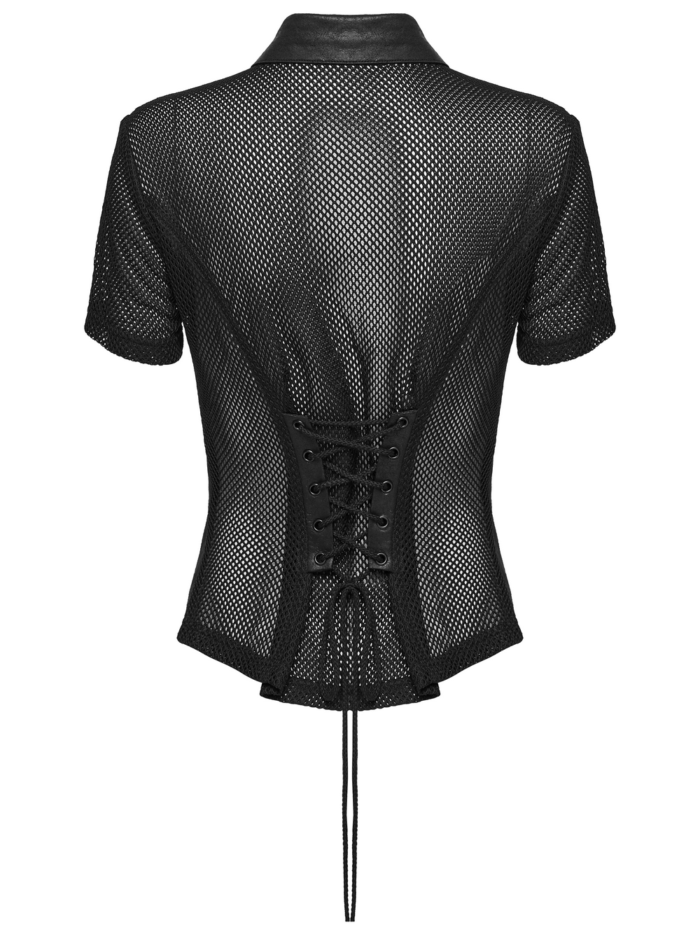 Alt Tag: Women's Gothic Mesh Faux Leather Shirt With Lace-Up Back, back view black mesh short sleeve top with corset lace-up waist