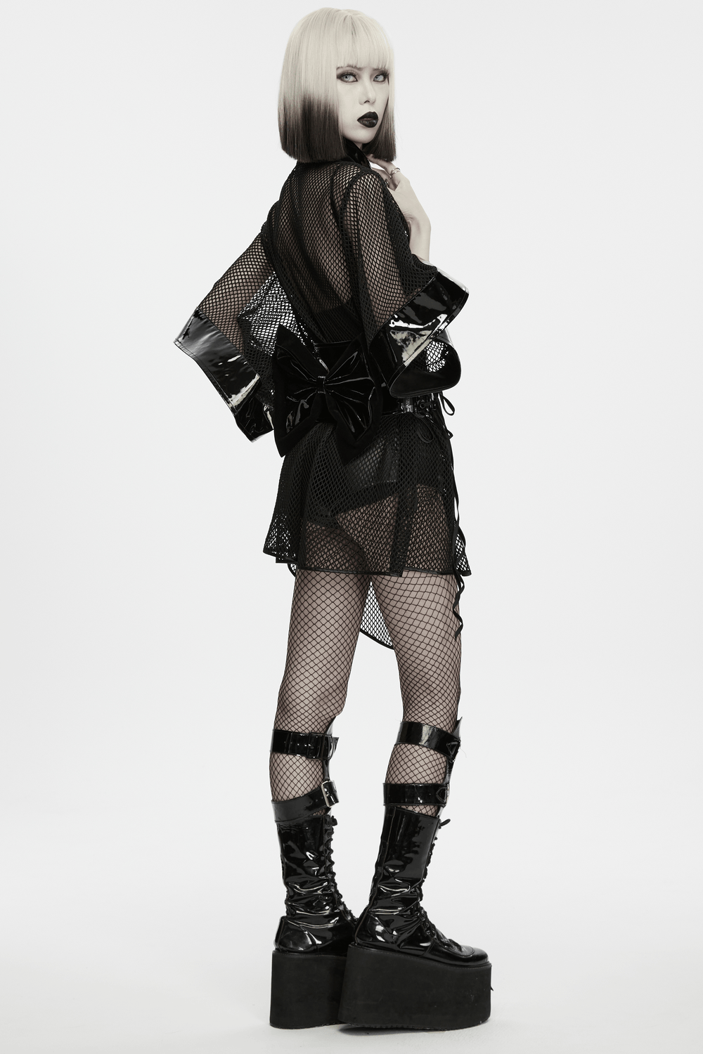 Women's Gothic Mesh Kimono with Patent Corset Belt worn by model with black patent accents and chunky platform boots.