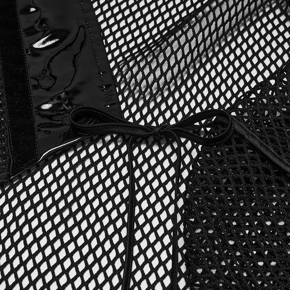 Close-up of Women's Gothic Mesh Kimono with Patent Corset Belt showing the mesh fabric and bow detail.