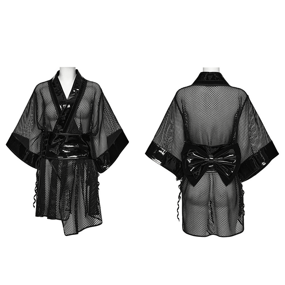 Women's Gothic Mesh Kimono with Patent Corset Belt featuring sheer mesh and glossy patent accents.
