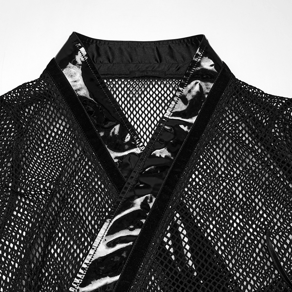 Close-up of Women's Gothic Mesh Kimono with Patent Corset Belt showcasing sheer mesh and glossy PU leather accents.