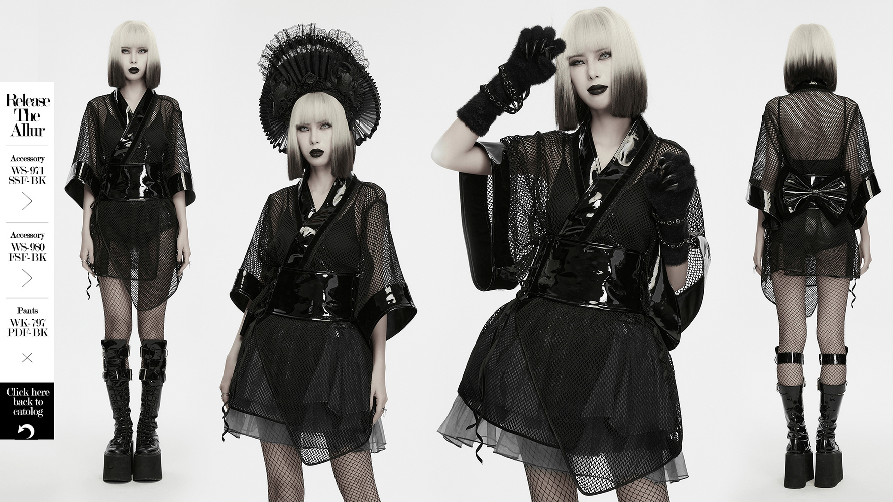 Women's Gothic Mesh Kimono with Patent Corset Belt showcased with accessories, featuring sheer mesh and glossy accents.