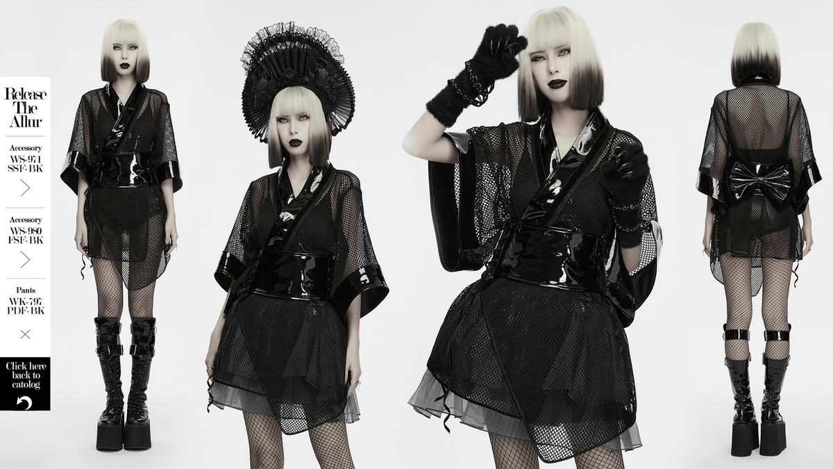 Women's Gothic Mesh Kimono with Patent Corset Belt showcased with accessories, featuring sheer mesh and glossy accents.
