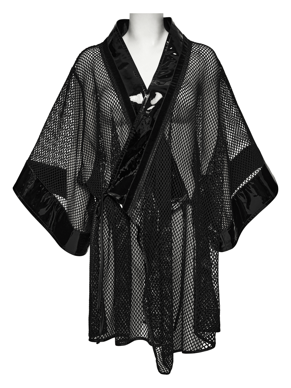 Women's Gothic Mesh Kimono with Patent Corset Belt featuring sheer mesh and glossy PU leather accents.