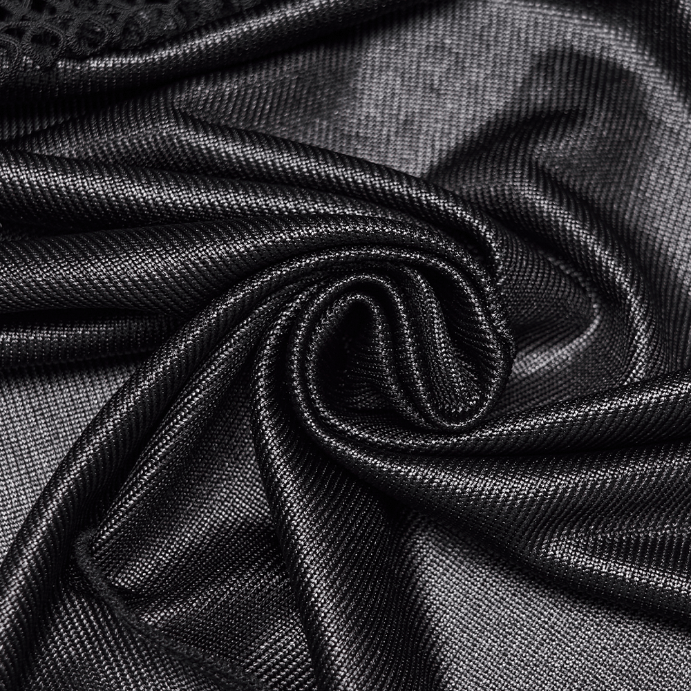 Close-up of Women's Gothic Mesh Ruched Irregular Hem Skirt fabric showcasing glossy knit and mesh texture.