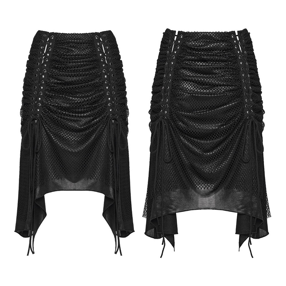 Women's Gothic Mesh Ruched Irregular Hem Skirt showcasing a striking pleated design with drawstrings and a unique asymmetric hem.