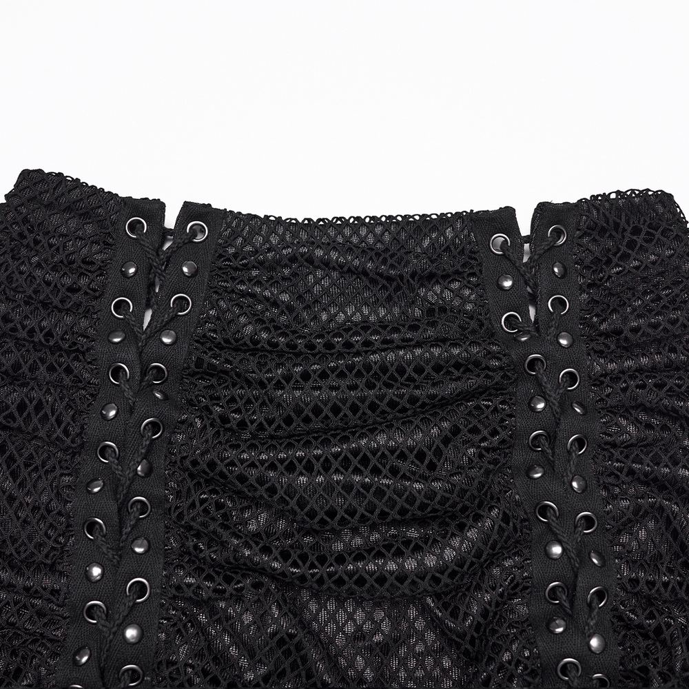 Women's Gothic Mesh Ruched Irregular Hem Skirt showing intricate mesh and metal webbing accents.