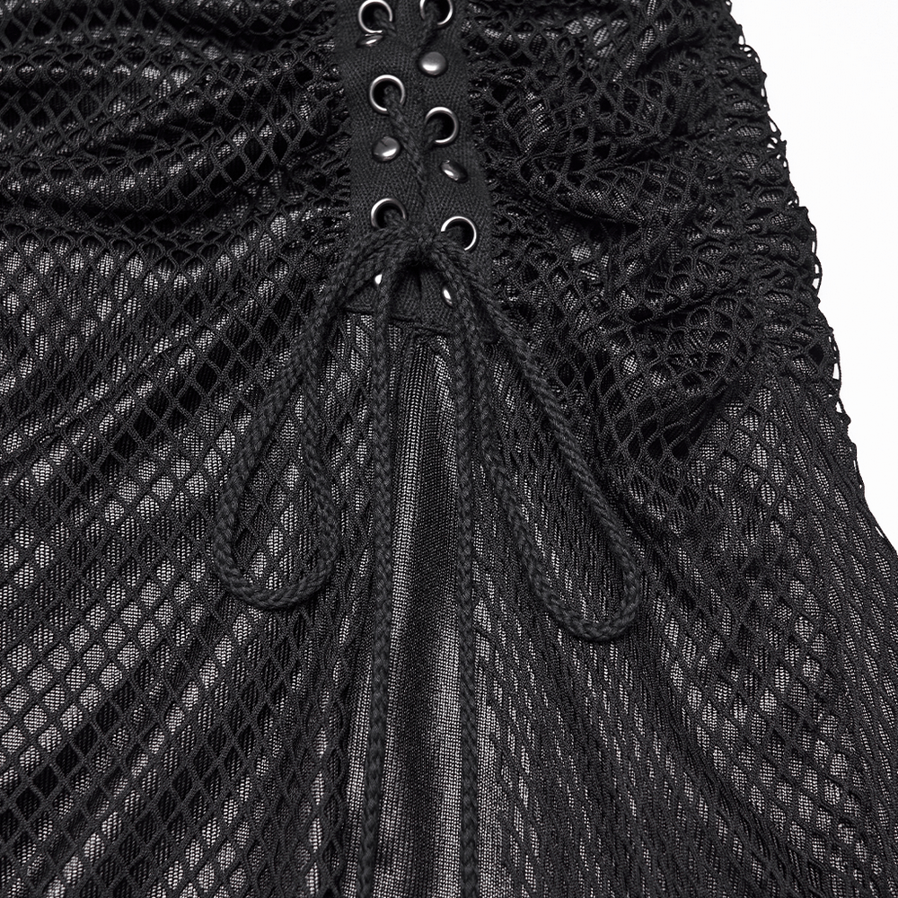 Close-up of Women's Gothic Mesh Ruched Irregular Hem Skirt showcasing metal webbing and drawstrings.