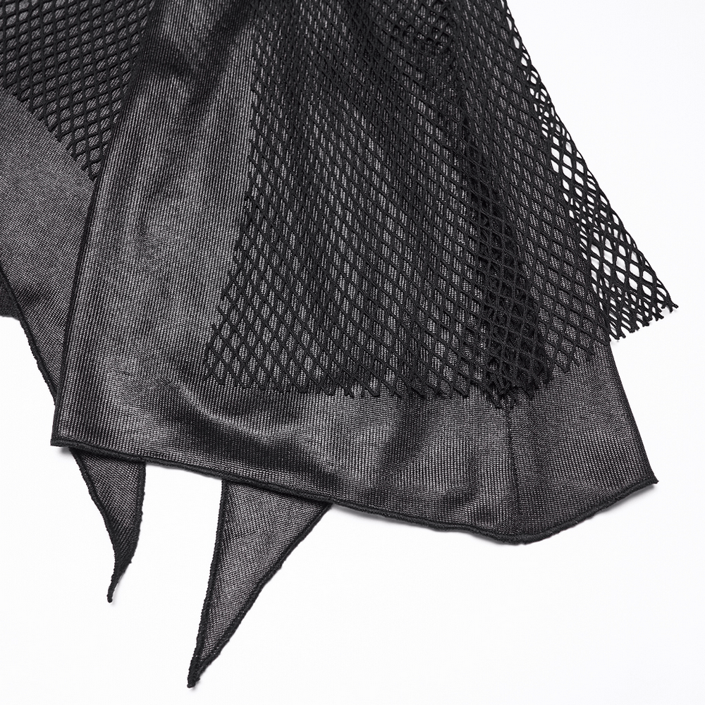 Close-up of Women's Gothic Mesh Ruched Irregular Hem Skirt showcasing black mesh and pleated fabric details.