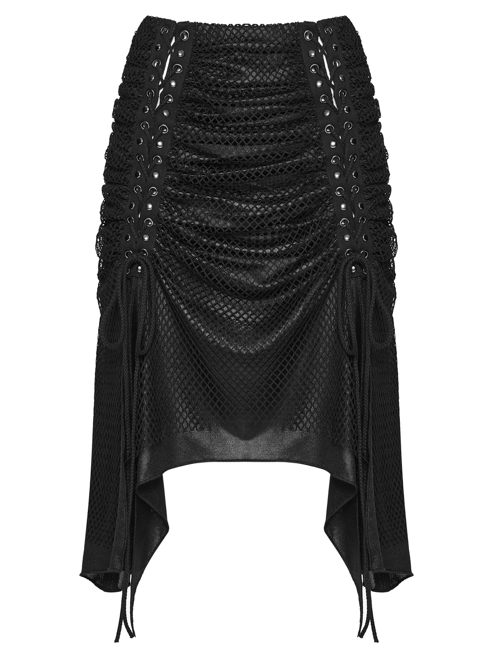 Women's Gothic Mesh Ruched Irregular Hem Skirt featuring ruched pleats and drawstrings for a fierce look.