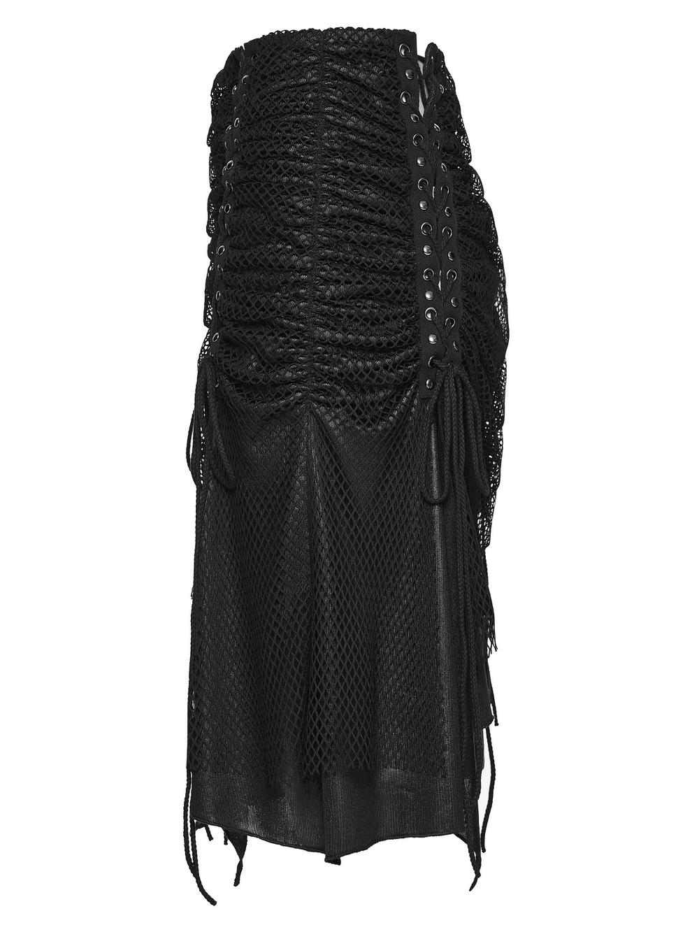 Women's Gothic Mesh Ruched Irregular Hem Skirt showcasing ruched mesh and drawstring details for a fierce look.