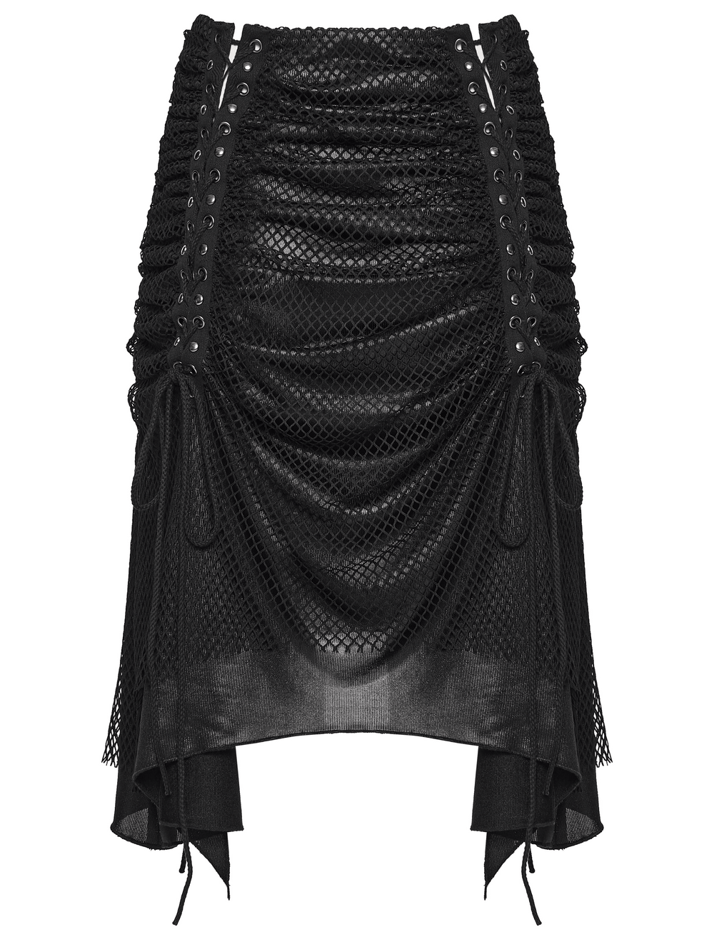 Women's Gothic Mesh Ruched Irregular Hem Skirt featuring mesh fabric and drawstring detailing.