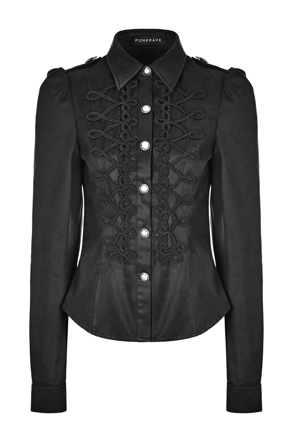 Women's gothic military-inspired button-up shirt with vintage loops and structured fit in sleek black twill.