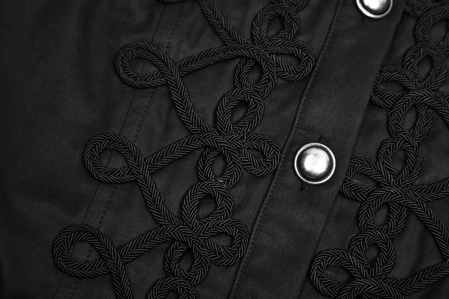 Close-up of intricate retro buttonhole loops on a women's gothic military-inspired shirt in vintage twill fabric.